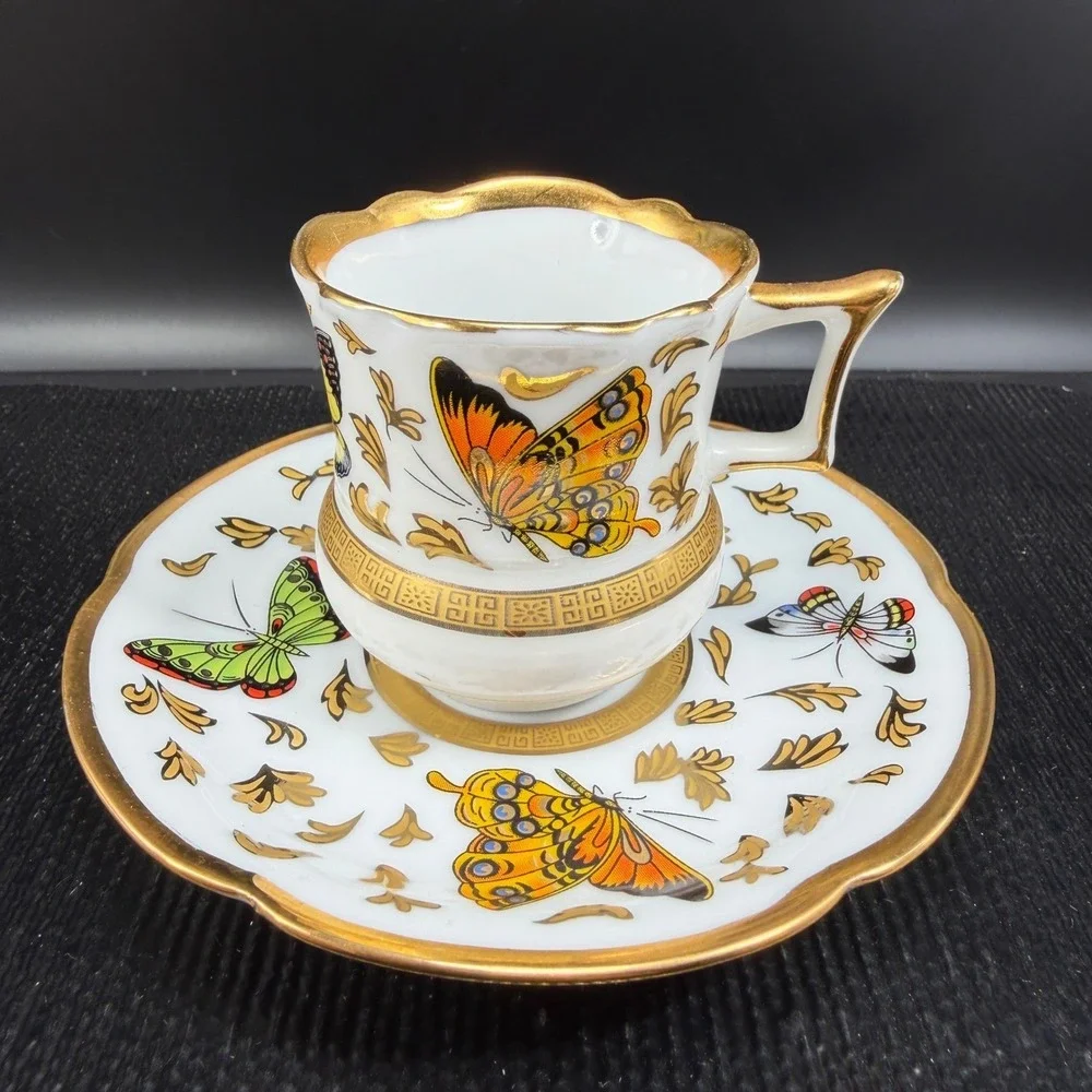 CC&T Butterfly Porcelain Espresso Cup and Saucer Set‎ Gold Gilt Trim 4 Piece